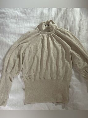 Express Turtleneck Puff-Sleeve Sweater in Light Beige